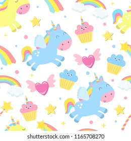 Cute unicorn seamless background. Flat design.