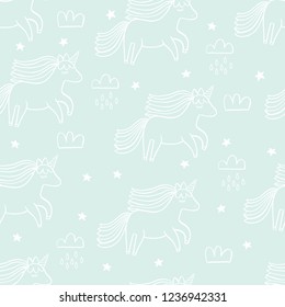 Cute unicorn seamless clouds and stars pattern for kids, baby apparel, fabric, textile, wallpaper, bedding, swaddles, nightwear and sleepwear, pajamas 