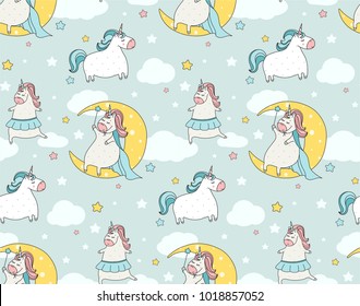 Cute  unicorn seamless pattern. Cartoon illustration. Doodle art of magic creature. Can be used for baby clothes, wallpaper, kids wear, wrapping paper