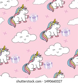 Cute Unicorn seamless pattern with clouds and gift box on pink background,  Suitable print templates used for pillow patterns, blinds, curtains, cards, gift papers, shawls, sheets and child