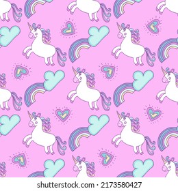 Cute unicorn seamless pattern design on pink background with rainbow,сlouds and colorful hearts. Suitable for baby clothes design, for digital paper and wrapping paper design.