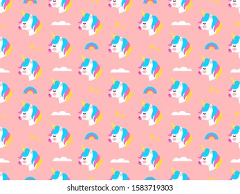 Cute unicorn seamless pattern with feminine girl icons and fairy tale decoration. Pink color pony background for children design.