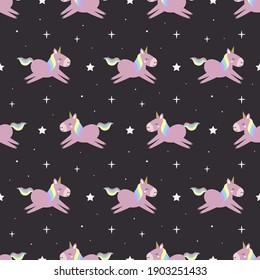 cute unicorn seamless pattern isolated on black background, baby print, scandinavian style