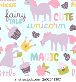 Cute unicorn seamless pattern. Magic fairy tale girly pink background with phrases and unicorns. Wallpaper for gift cards, print design and decoration. Funny childish illustration.