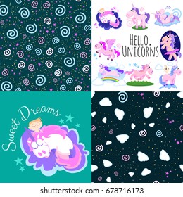 cute unicorn seamless pattern, magic pegasus flying with wing and horn on rainbow, fantasy horse vector illustration, myth creature dreaming background.