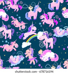 cute unicorn seamless pattern, magic pegasus flying with wing and horn on rainbow, fantasy horse vector illustration, myth creature dreaming background.