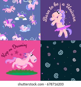 cute unicorn seamless pattern, magic pegasus flying with wing and horn on rainbow, fantasy horse vector illustration, myth creature dreaming background.