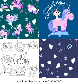 cute unicorn seamless pattern, magic pegasus flying with wing and horn on rainbow, fantasy horse vector illustration, myth creature dreaming background.
