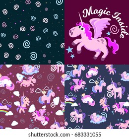 cute unicorn seamless pattern, magic pegasus flying with wing and horn on rainbow, fantasy horse vector illustration, myth creature dreaming background.