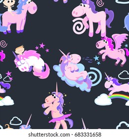 cute unicorn seamless pattern, magic pegasus flying with wing and horn on rainbow, fantasy horse vector illustration, myth creature dreaming background.