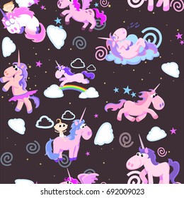 cute unicorn seamless pattern, magic pegasus flying with wing and horn on rainbow, fantasy horse vector illustration, myth creature dreaming background.