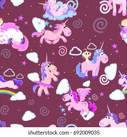 cute unicorn seamless pattern, magic pegasus flying with wing and horn on rainbow, fantasy horse vector illustration, myth creature dreaming background.