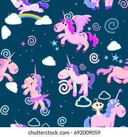 cute unicorn seamless pattern, magic pegasus flying with wing and horn on rainbow, fantasy horse vector illustration, myth creature dreaming background.