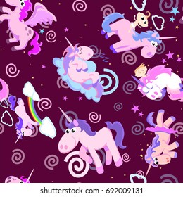 cute unicorn seamless pattern, magic pegasus flying with wing and horn on rainbow, fantasy horse vector illustration, myth creature dreaming background.