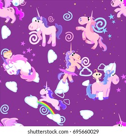 cute unicorn seamless pattern, magic pegasus flying with wing and horn on rainbow, fantasy horse vector illustration, myth creature dreaming background.