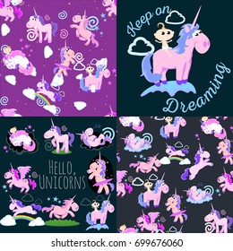 cute unicorn seamless pattern, magic pegasus flying with wing and horn on rainbow, fantasy horse vector illustration, myth creature dreaming background.