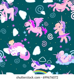 cute unicorn seamless pattern, magic pegasus flying with wing and horn on rainbow, fantasy horse vector illustration, myth creature dreaming background.