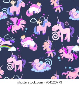 cute unicorn seamless pattern, magic pegasus flying with wing and horn on rainbow, fantasy horse vector illustration, myth creature dreaming background.