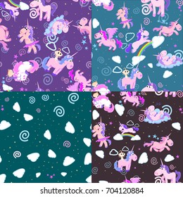 cute unicorn seamless pattern, magic pegasus flying with wing and horn on rainbow, fantasy horse vector illustration, myth creature dreaming background.
