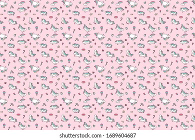 Cute unicorn seamless pattern on pink background.