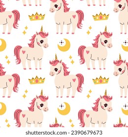 Cute unicorn seamless pattern on white background. Vector for birthday, invitation, baby shower card, kids tshirts. 
