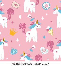 Cute unicorn seamless pattern on pink fantasy background. Childish print for kids fabric and wrapping paper. 