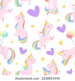 Cute Unicorn Seamless Pattern with Pretty Pony and Hearts Vector Template