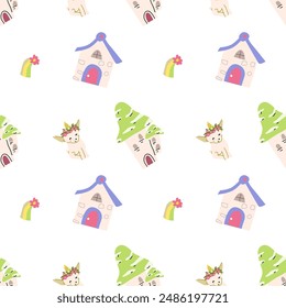 Cute unicorn seamless pattern for textile. Childish magic characters background. Childrens fairy and magic pattern.