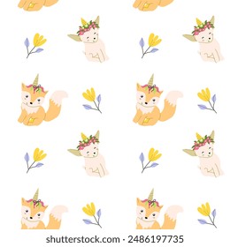 Cute unicorn seamless pattern for textile. Childish magic characters background. Childrens fairy and magic pattern.