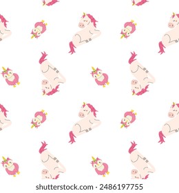 Cute unicorn seamless pattern for textile. Childish magic characters background. Childrens fairy and magic pattern.