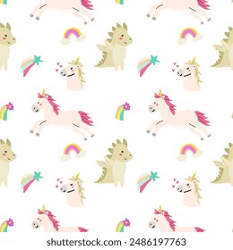 Lindo unicornio sin patrón para textil. Fondo de personajes mágicos infantiles. Hadas de los niños y patrón mágico.