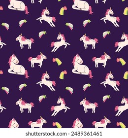 Cute unicorn seamless pattern for textile. Childish magic characters background. Childrens fairy and magic pattern.