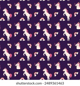 Cute unicorn seamless pattern for textile. Childish magic characters background. Childrens fairy and magic pattern.