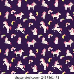 Cute unicorn seamless pattern for textile. Childish magic characters background. Childrens fairy and magic pattern.