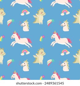 Lindo unicornio sin patrón para textil. Fondo de personajes mágicos infantiles. Hadas de los niños y patrón mágico.