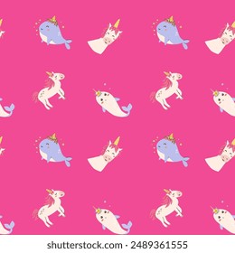 Cute unicorn seamless pattern for textile. Childish magic characters background. Childrens fairy and magic pattern.