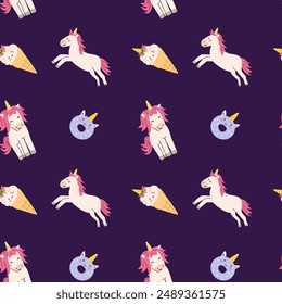 Nettes Einhorn nahtloses Muster für Textil. Kindliche magische Zeichen Hintergrund. Kinder Fee und Zaubermuster.