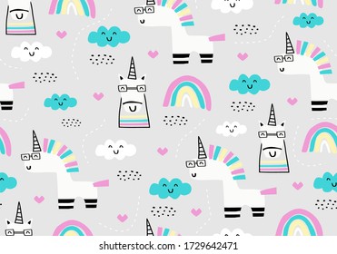 Cute unicorn seamless pattern. Vector unique character. Animal fantasy for baby and kids fashion, apparel, textile print. Pastel colors background.