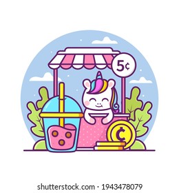 cute unicorn selling bubble tea illustration