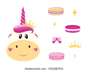 Cute unicorn set with cake. Isolated on white background.