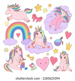 Cute unicorn set, character in different pose, magical objects, baby girlish hand drawn vector illustration, outline drawing for children garment print, book page, toy packaging template, kids logo.