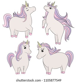 Cute unicorn set chubby magic horse fantasy vector illustration, little pony cartoon character. For girlish theme, baby shower decoration, clothing print, nursery design, kids fashion, pet theme. 