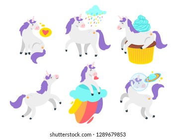 Cute unicorn set. Cute fairytale animal. Vector illustration, isolated on white background. Design for poster, sticker or t-shirt.