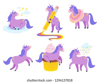 Cute unicorn set. Fairytale violet animal. Vector illustration, isolated on white background. Design for poster, sticker or t-shirt.