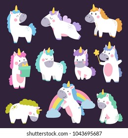 Cute unicorn set hand drawn cartoon. Vector Illustration design for cards, posters, t-shirts, invitations, baby shower, birthday, room decor.