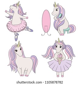 Cute unicorn set magic horse fantasy vector illustration,pony cartoon characters ballerina, beauty, little princess. For girlish theme,  birthday decoration, clothing print, kids fashion. 