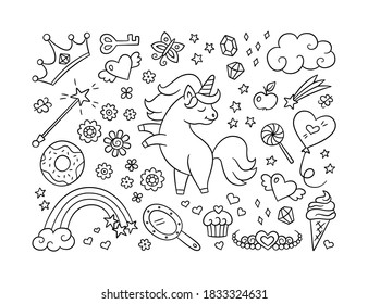 Cute unicorn and set of magic objects. Shooting star, rainbow, tiara and magic wand in doodle style. Hand drawn vector illustration on white background