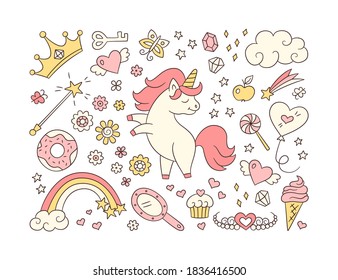 Cute Unicorn And Set Of Magic Objects. Shooting Star, Rainbow, Tiara And Magic Wand In Doodle Style. Hand Drawn Vector Illustration On White Background