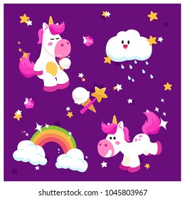 Cute Unicorn Set With Magic Rainbow, Clouds, Ice Cream an Stars. Cartoon Style Vector Illustration