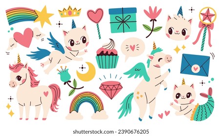 Cute unicorn set on white background. Vector illustration for birthday, invitation, baby shower card, kids tshirts. 